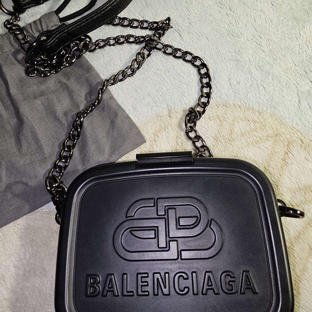 Balenciaga Authentic Black Metal Bag with Chain Detail
